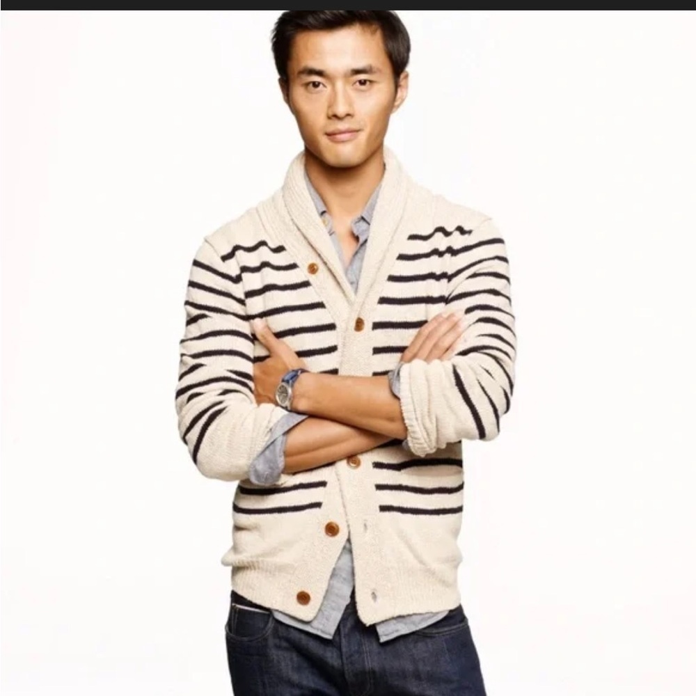 J Crew Cowl Neck Striped Button Down Tan Navy Preppy Cardigan Knit Sweater XL